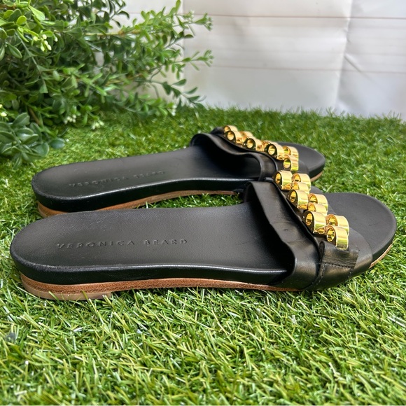 Veronica Beard ENI black Chain-Trimmed Leather Slides Gold hardware 5.5 - Picture 8 of 16